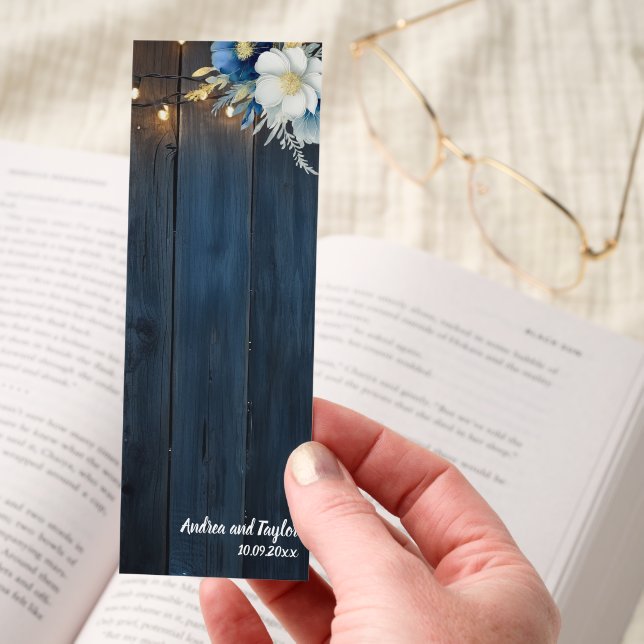 Rustic Blue Wood White Floral Wedding favor Bookmarks (Hand)