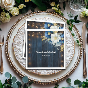 Rustic Blue Wood White Floral Wedding Napkins