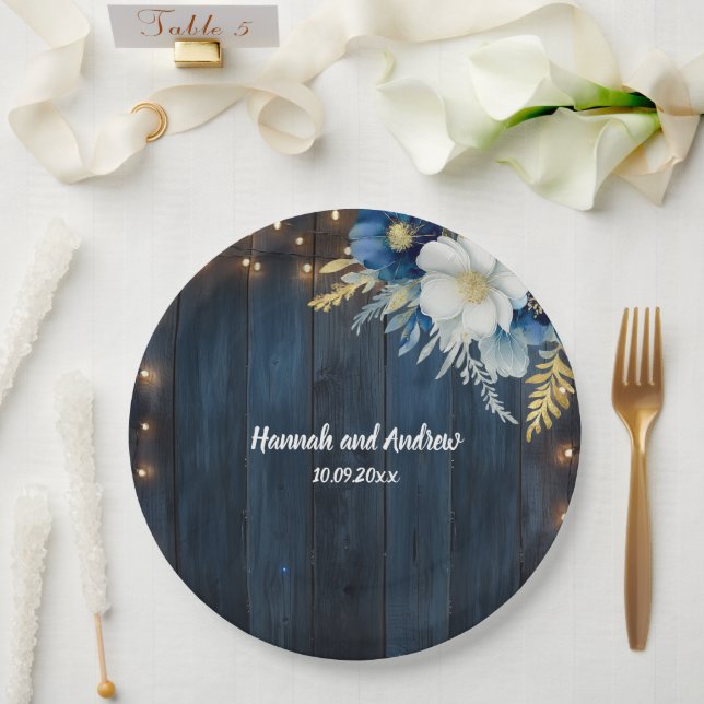 Rustic Blue Wood White Floral Wedding  Paper Plates (Wedding)