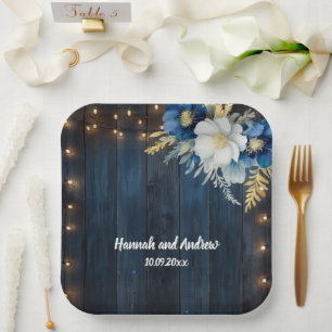 Rustic Blue Wood White Floral Wedding Paper Plates