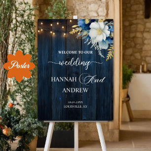 Rustic Blue Wood White Floral Wedding Welcome Poster