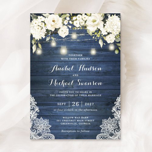 Rustic Blue Wood White Flowers Lace Mason Jars Invitation