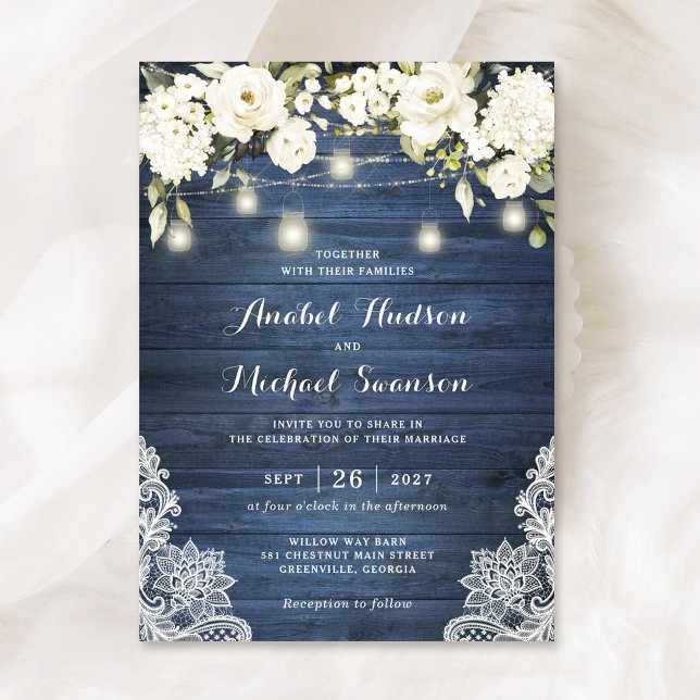 Rustic Blue Wood White Flowers Lace Mason Jars Invitation (Creator Uploaded)