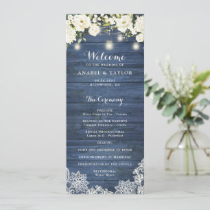 Rustic Blue Wood White Flowers Lace Wedding Program