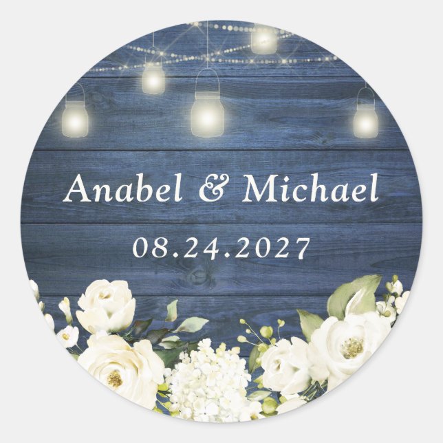 Rustic Blue Wood White Flowers Mason Jar Sticker (Front)