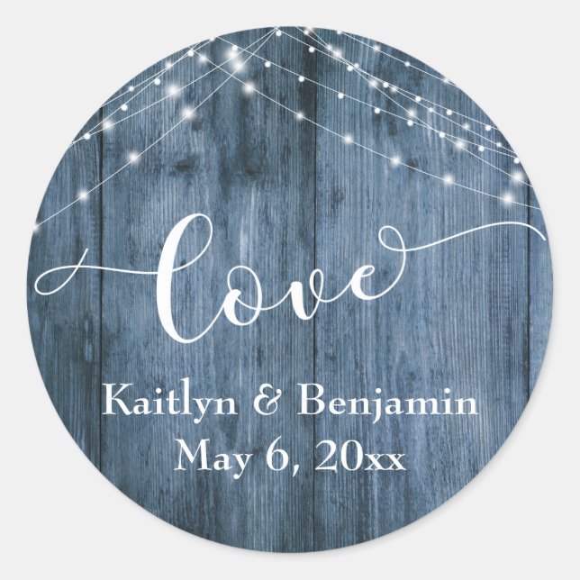 Rustic Blue Wood & White Light Strings Love Classic Round Sticker (Front)