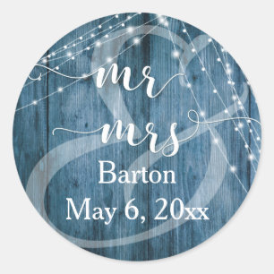 Rustic Blue Wood, White Light Strings Mr & Mrs Classic Round Sticker