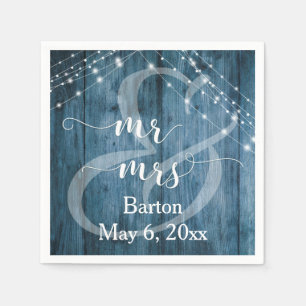 Rustic Blue Wood, White Light Strings Mr & Mrs Napkins