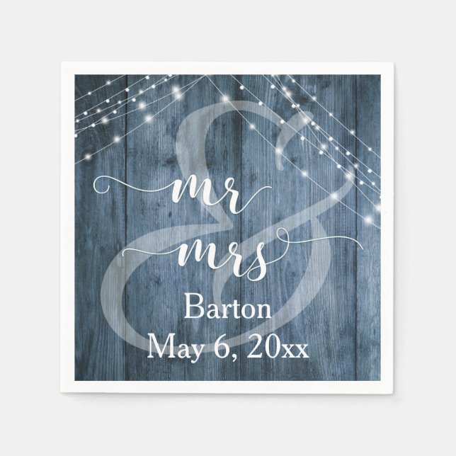 Rustic Blue Wood, White Light Strings Mr & Mrs Napkins (Front)