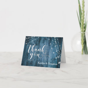 Rustic Blue Wood, White Light Strings Thank You