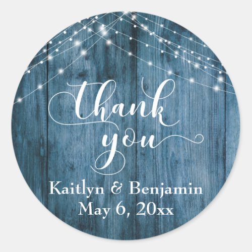 Rustic Blue Wood  White Light Strings Thank You Classic Round Sticker