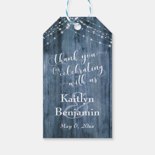 Rustic Blue Wood White Light Strings Thank You Gift Tags