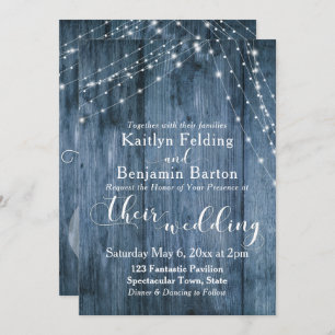 Rustic Blue Wood, White Light Strings Wedding 2 Invitation