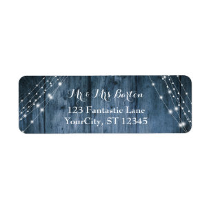 Rustic Blue Wood, White Light Strings Wedding 2 Label