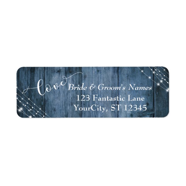 Rustic Blue Wood, White Light Strings Wedding 3 Label (Front)