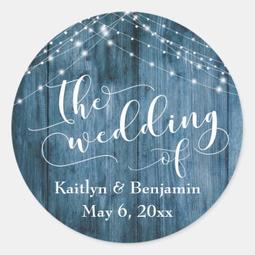 Rustic Blue Wood  White Light Strings Wedding Classic Round Sticker