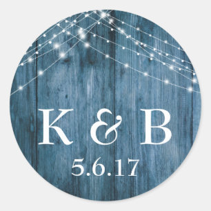 Rustic Blue Wood & White Light Strings Wedding Classic Round Sticker
