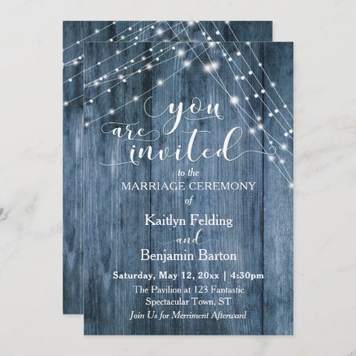 Rustic Blue Wood White Light Strings Wedding Invitation