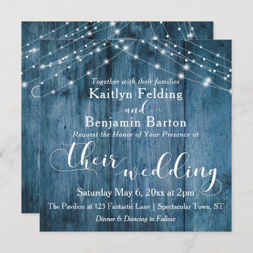 Rustic Blue Wood White Light Strings Wedding Invitation