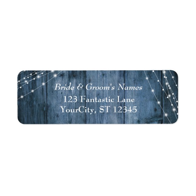 Rustic Blue Wood, White Light Strings Wedding Label (Front)