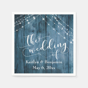 Rustic Blue Wood, White Light Strings Wedding Napkins