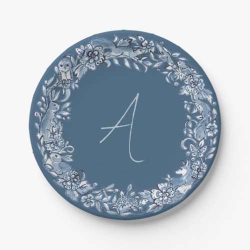 Rustic Blue Woodland Animal Wreath Monogram Paper Plates