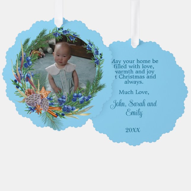 Rustic Blue Wreath - Your Photo - Personalized Ornament Card (Front/Back)