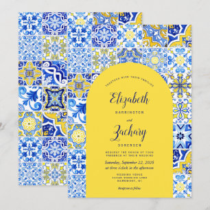 Rustic Blue Yellow Arch Portuguese Tile Wedding Invitation