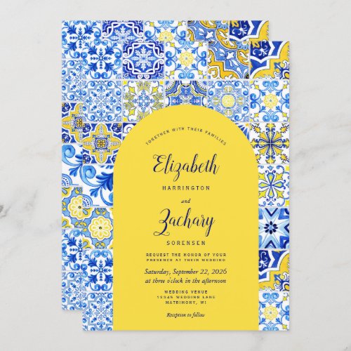 Rustic Blue Yellow Arch Portuguese Tile Wedding Invitation