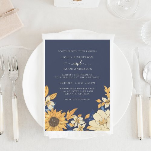 Rustic Blue Yellow Cream Sunflower Floral Wedding Invitation