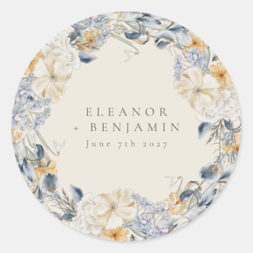 Rustic Blue Yellow Floral Watercolor Boho Wedding  Classic Round Sticker