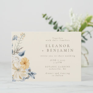 Rustic Blue Yellow Floral Watercolor Boho Wedding  Invitation