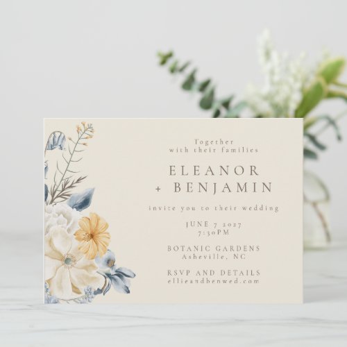 Rustic Blue Yellow Floral Watercolor RSVP Wedding  Invitation