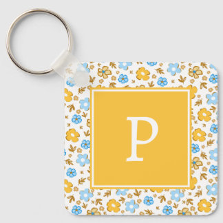 Rustic Blue Yellow Spring Floral Monogram Keychain