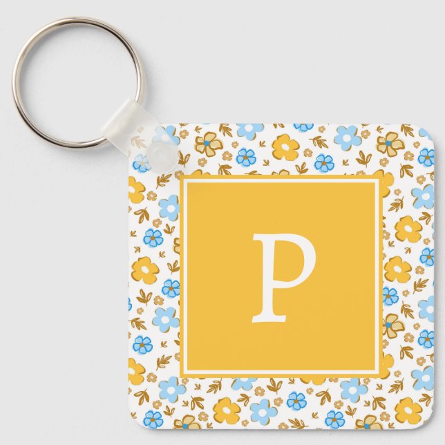 Rustic Blue Yellow Spring Floral Monogram Keychain (Front)