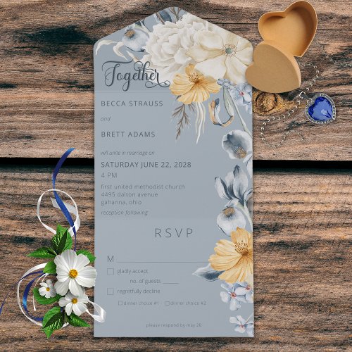 Rustic Blue Yellow  White Floral Blue Dinner All In One Invitation