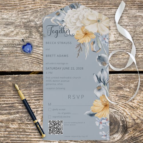 Rustic Blue Yellow  White Floral Blue QR Code All In One Invitation