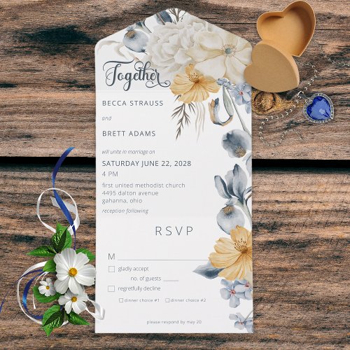 Rustic Blue Yellow  White Floral White Dinner All In One Invitation