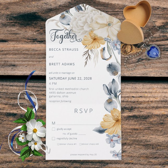 Rustic Blue Yellow & White Floral White Dinner All In One Invitation (Creator Uploaded)