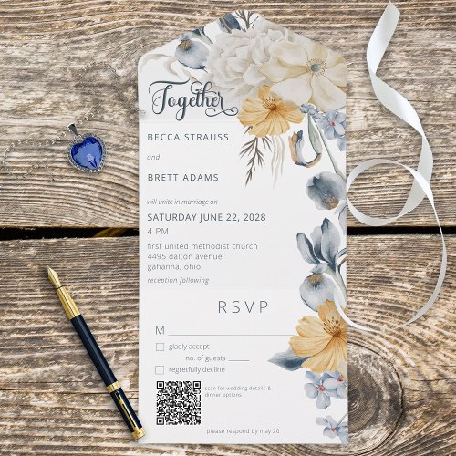 Rustic Blue Yellow  White Floral White QR Code All In One Invitation