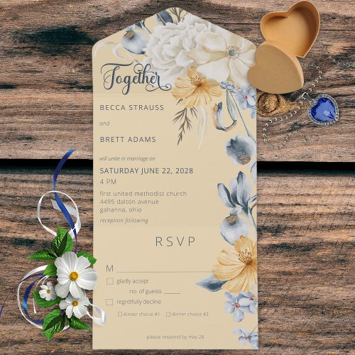 Rustic Blue Yellow  White Floral Yellow Dinner All In One Invitation