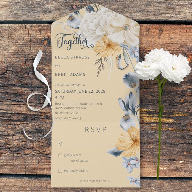 Rustic Blue Yellow & White Floral Yellow No Dinner All In One Invitation (Rustic Blue Yellow & White Floral Yellow All In One Wedding Invitation without Dinner Options)