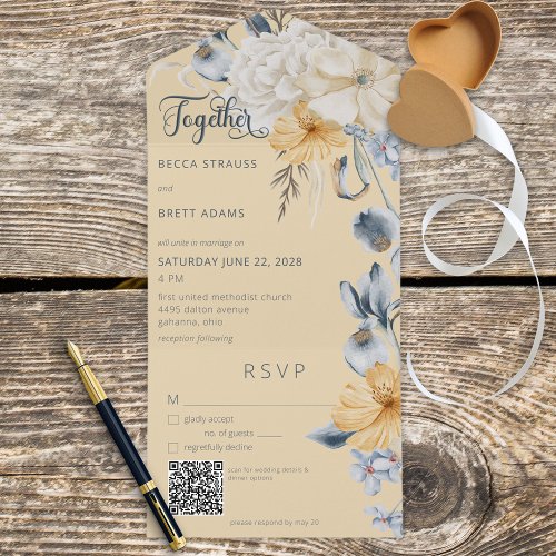 Rustic Blue Yellow  White Floral Yellow QR Code All In One Invitation