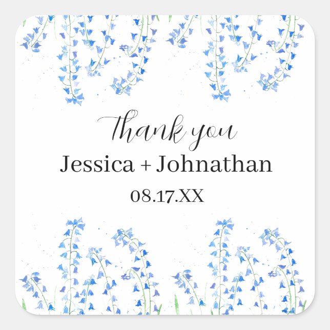 Rustic Bluebells Blue Floral Thank You Favor  Square Sticker (Front)