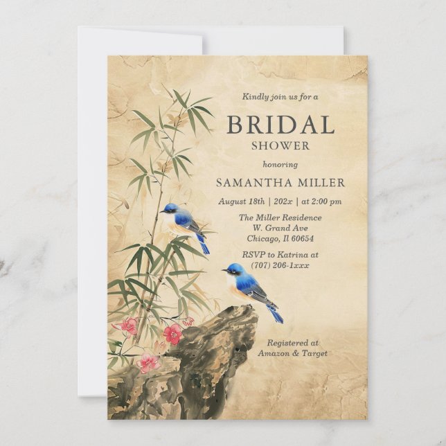 Rustic Bluebird Bridal Shower Invitation with Bamb (Front)