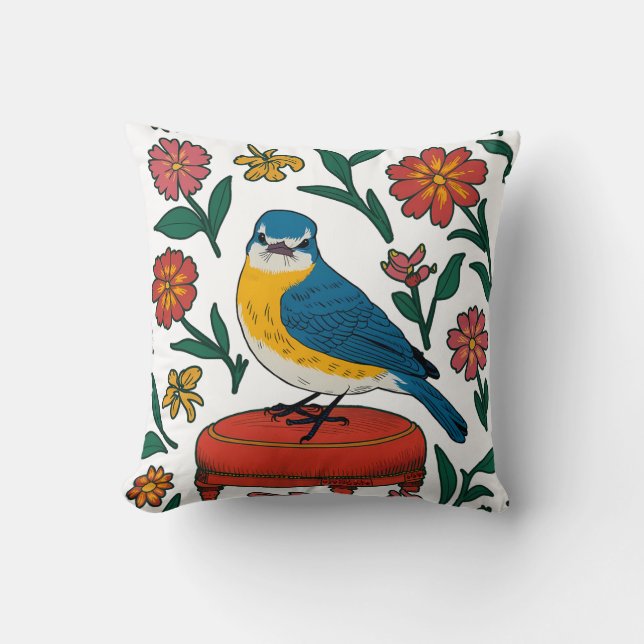 Rustic Bluebird on Pouf in Folk Art Throw Pillow (Front)