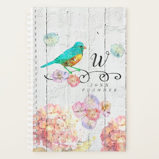 Rustic Bluebird Pink Hydrangea Floral Monogram Planner (Front)