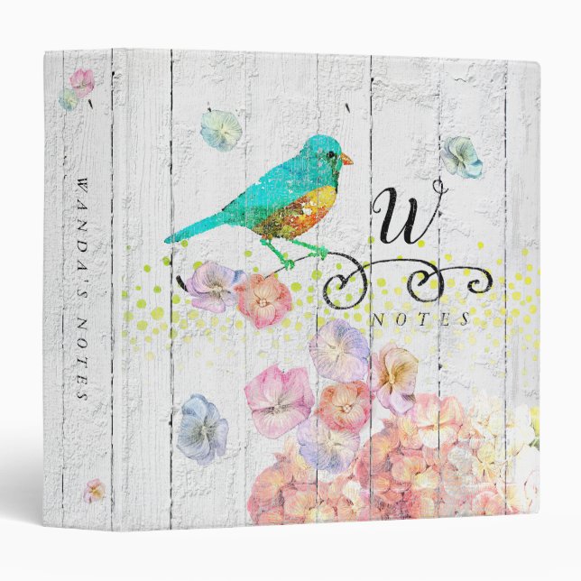 Rustic Bluebird Pink Hydrangea Floral Monogrammed 3 Ring Binder (Front/Spine)