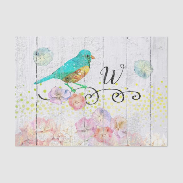 Rustic Bluebird Pink Hydrangea Floral Monogrammed Tissue Paper (Front)