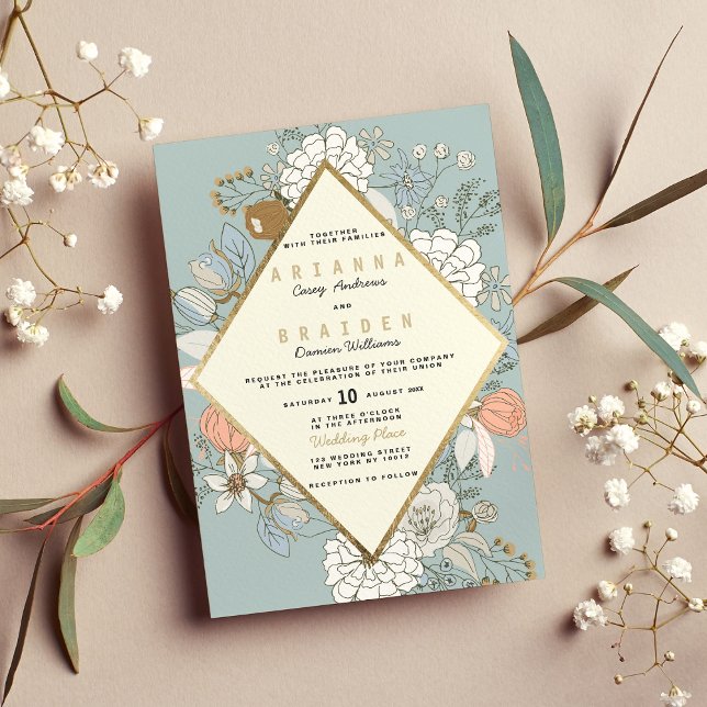 Rustic Blush Blue Coral Gold Floral Ivory Wedding Invitation (Rustic Blush Blue Coral Gold Floral Ivory Wedding)